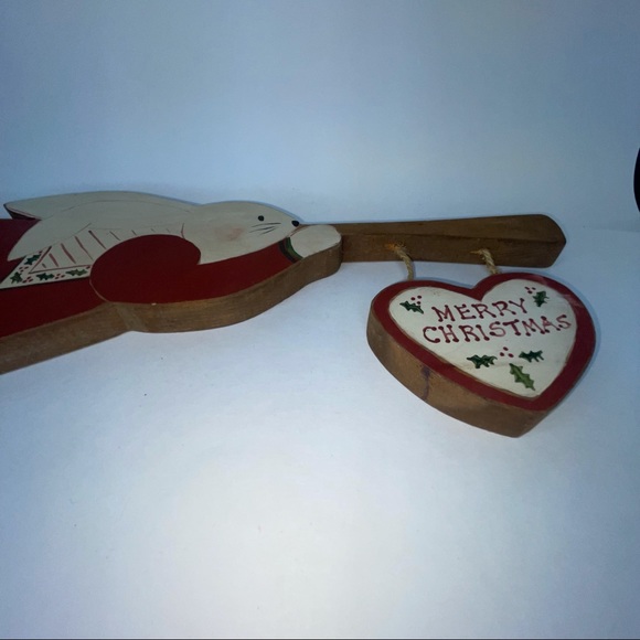 Primitive Wood Bunny Rabbit Wall Hanging Trumpet Merry Christmas Folk Art - Picture 7 of 10